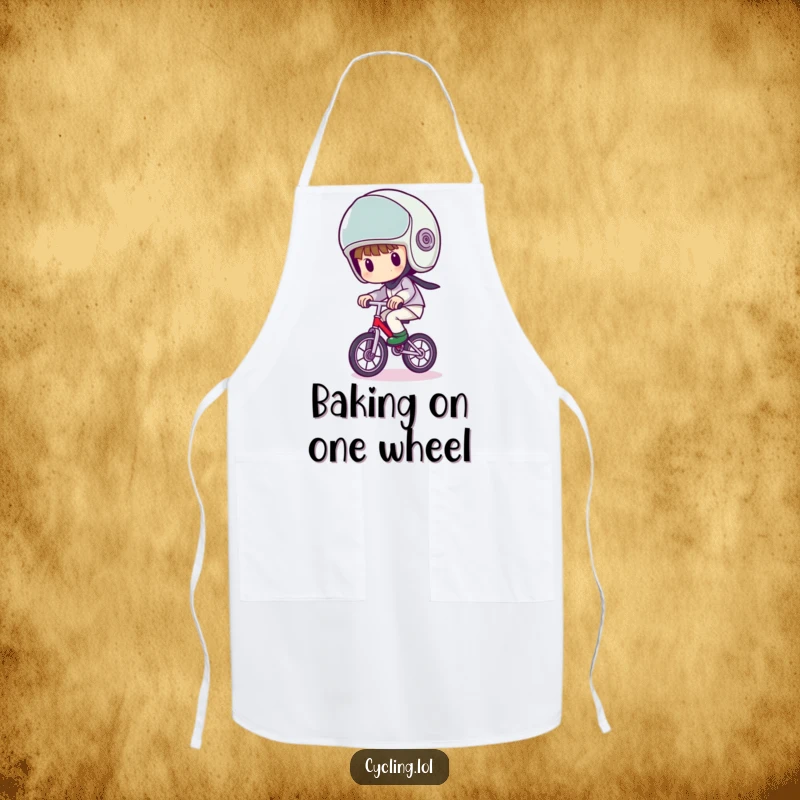 Funny apron of a character with a comically large helmet, wobbling precariously on a unicycle, practical and amusing kitchen wear.