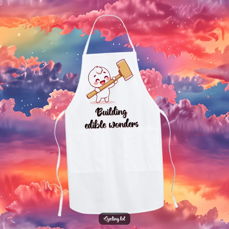 Funny kitchen apron showing a character comically hammering a pretend nail with a comically large hammer, blending cooking and construction humor.