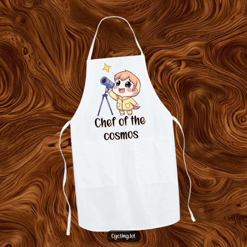Funny apron showing a happy stargazer character with a telescope, ready for kitchen adventures with a cosmic twist.