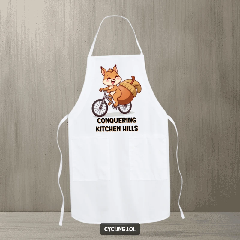 Funny squirrel apron depicting a squirrel comically attempting to cycle uphill with a giant acorn, great for kitchen humor.