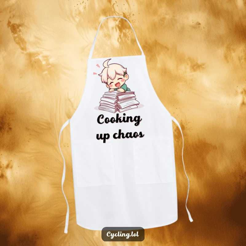 Funny apron featuring a character laughing while tripping over research papers, ideal for kitchen use with a humorous academic theme.
