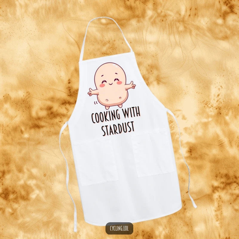 Funny apron showing a character giving a friendly comet a big hug while cooking, bringing cosmic cheer to the kitchen.