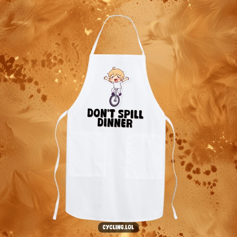 Funny apron showing a character comically losing control on a unicycle while attempting to cook, a humorous kitchen disaster in progress.