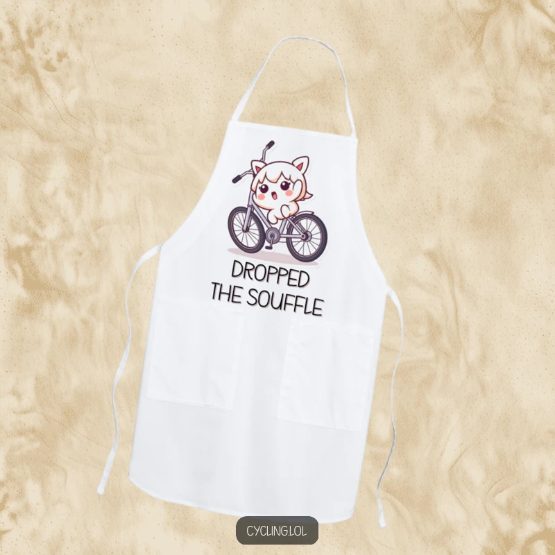 Funny apron featuring a surprised Kawaii character falling backward off a wobbly bicycle, perfect for protecting clothes with a smile.