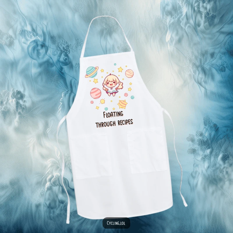 Funny apron showing a character joyfully floating among cartoon stars and planets, ready for culinary missions.