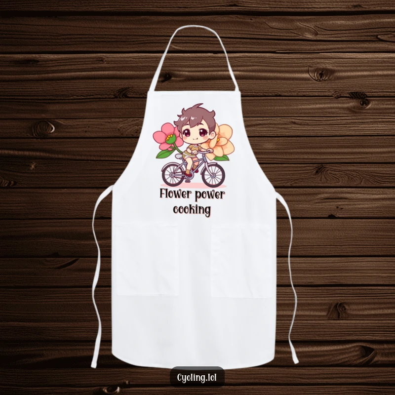 Funny bicycle apron showing a determined, cheerful character riding a bike with a giant flower, perfect for cooks.