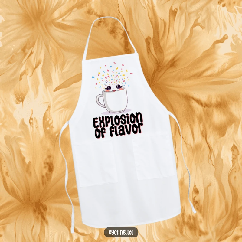 Funny apron featuring a character with sparkling eyes bursting from a mug with confetti, ideal for kitchen tasks with a humorous, celebratory theme.