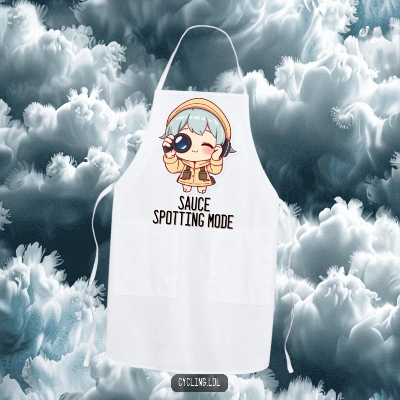 Funny Apron: Character intently using binoculars while cooking, a humorous design for kitchen adventurers, perfect for protecting clothes and bringing smiles, a great gift.