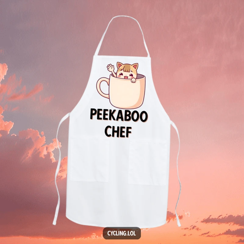Funny apron depicting a character peeking from a giant mug and waving enthusiastically, designed for kitchen use with cheerful flair.