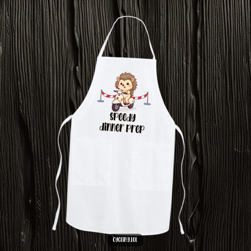 Funny apron featuring a small hedgehog triumphantly riding a scooter across a finish line, designed for kitchen victories.