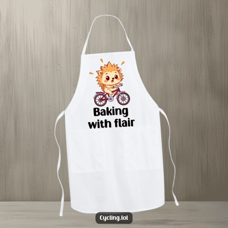 Funny hedgehog apron depicting a surprised hedgehog with quills flying as it rides a tiny bicycle, great for kitchen fun.