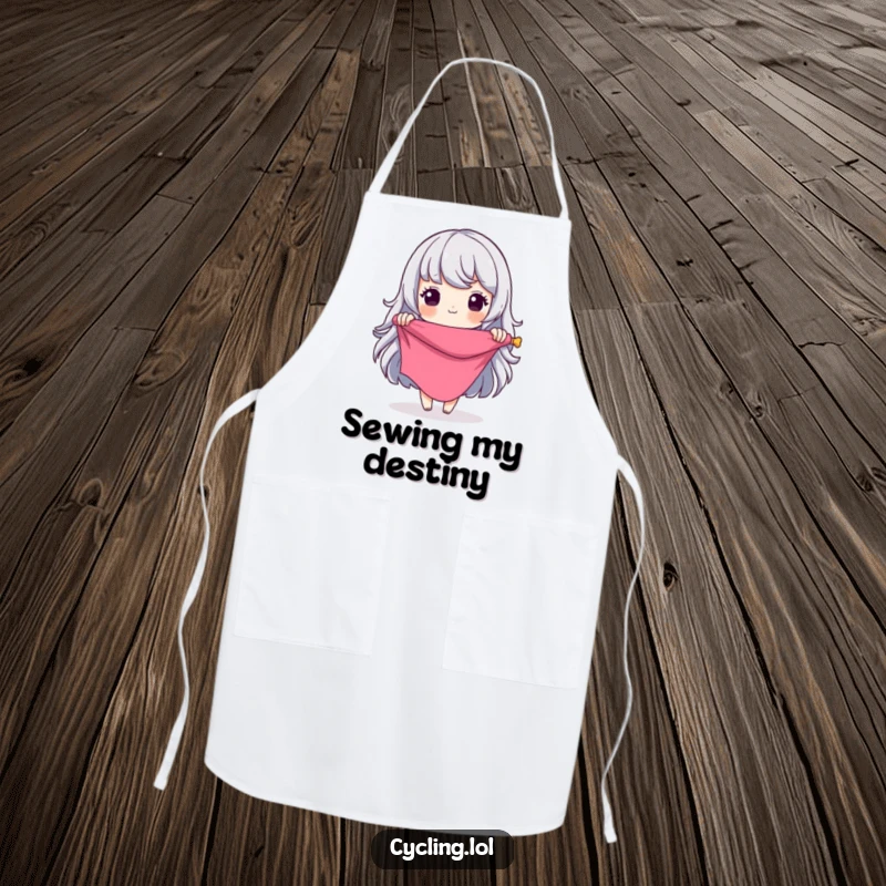 Funny Apron: Seamstress character in chef's hat unrolling fabric, a humorous grand design for culinary or crafting success.