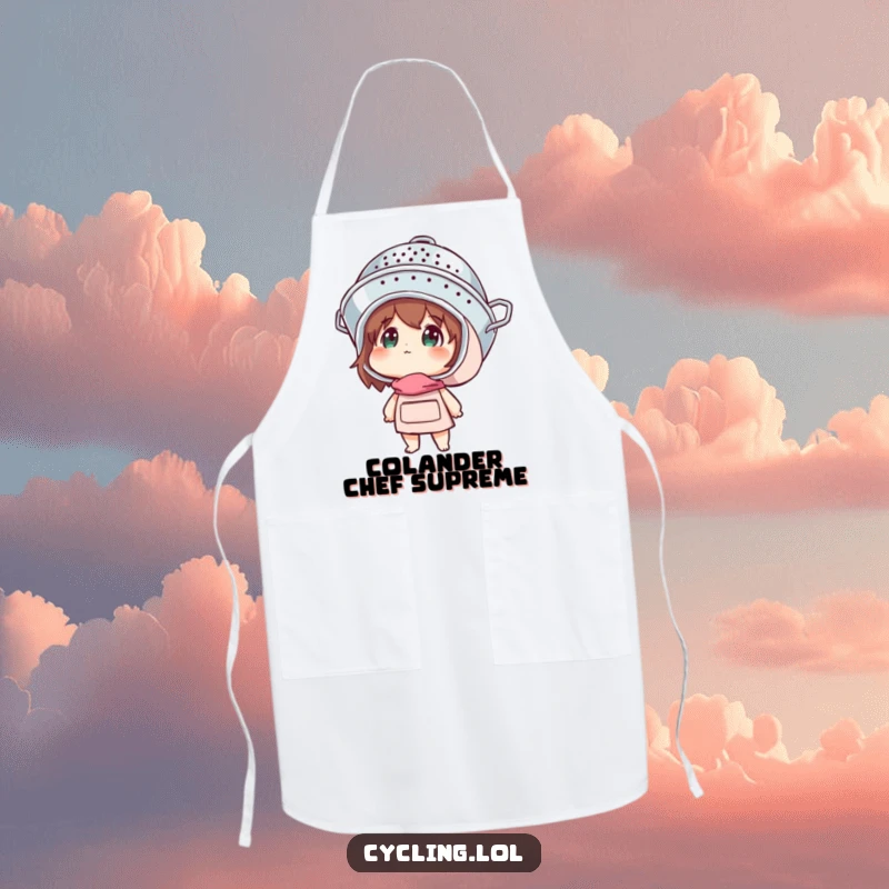 Funny apron showing a character wearing a colander helmet and looking up with wonder, ready for kitchen missions.