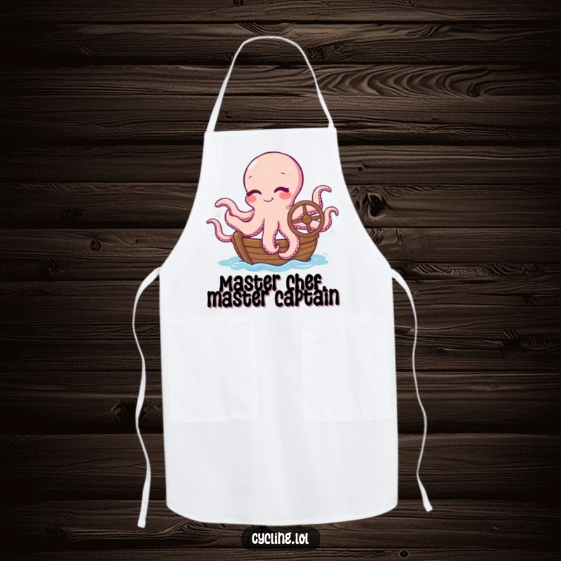 Funny apron featuring a winking octopus humorously steering a boat, perfect for the chef who juggles many tasks in the kitchen.