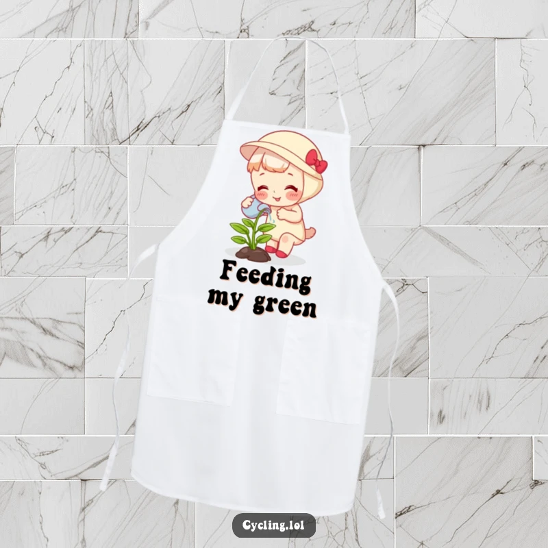 Funny apron showing a character watering a giggling, growing plant, perfect for kitchen or garden tasks.