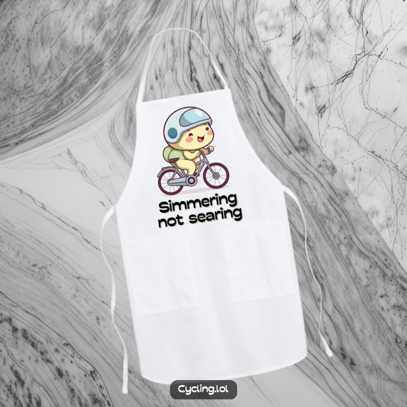 Funny snail apron featuring a happy snail wearing a small helmet and cycling very slowly, ideal for kitchen humor.