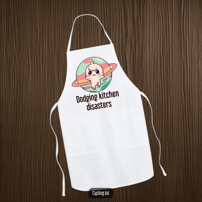 Funny apron showing a startled character jumping back from a mischievous planet, ready for kitchen duty.