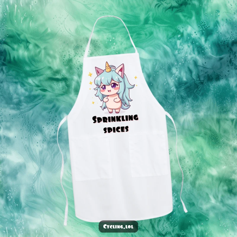 Funny character with a mischievous twinkle throwing glittery stardust on a kitchen apron, for the playful chef.
