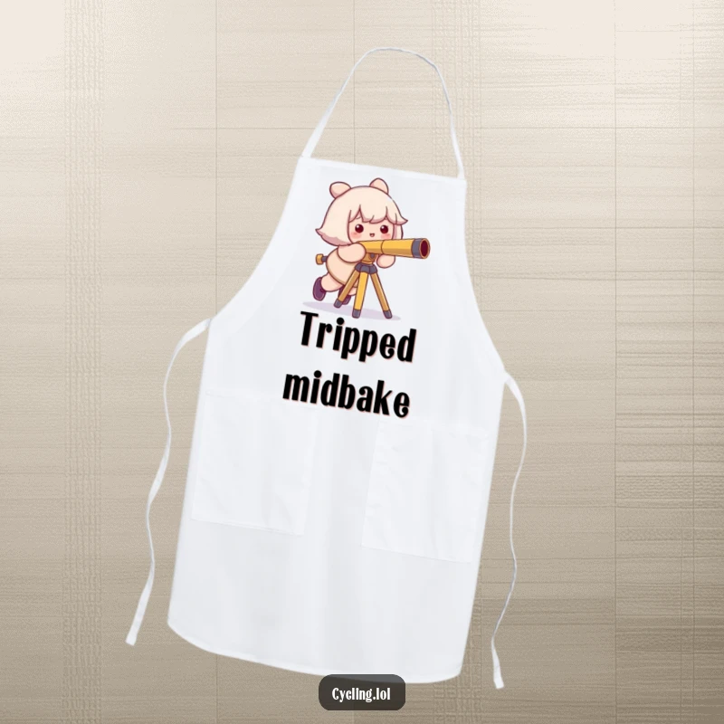 Funny apron design of a character comically tripping over a telescope tripod, perfect for a chef with a sense of humor.
