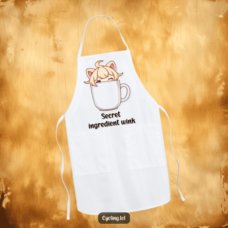 Funny character wearing an apron, peeking over a mug brim and winking, ideal for a fun and playful cooking experience.