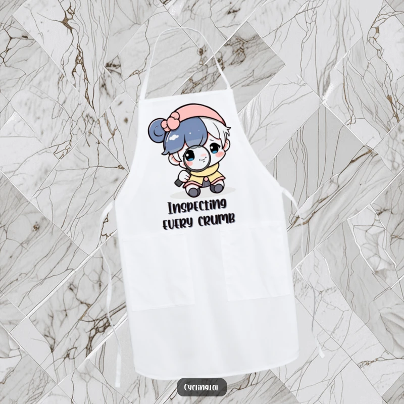 Funny apron showing a character inspecting a small, smiling moon with a magnifying glass, ready for culinary tasks.