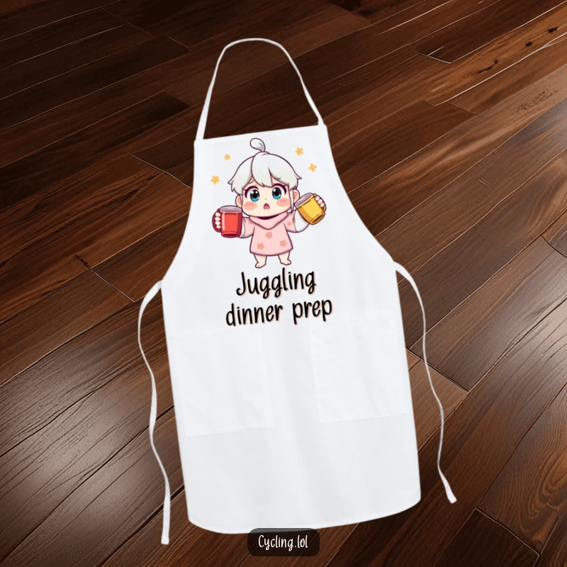 Funny surprised character on an apron, juggling three colorful mugs, perfect for a humorous cooking or baking experience.