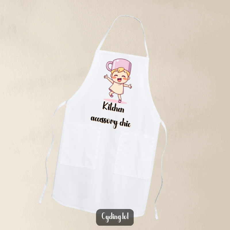 Funny character wearing an apron and a mug hat, dancing with glee, ideal for a fun and humorous cooking experience.