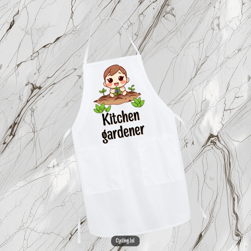 Funny apron featuring a character planting seeds with hopeful excitement, ideal for gardening chores and protecting clothing.