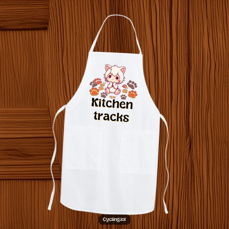 Funny apron showing a character surrounded by various animal footprints, looking thoughtfully, ideal for kitchen or garden protection.