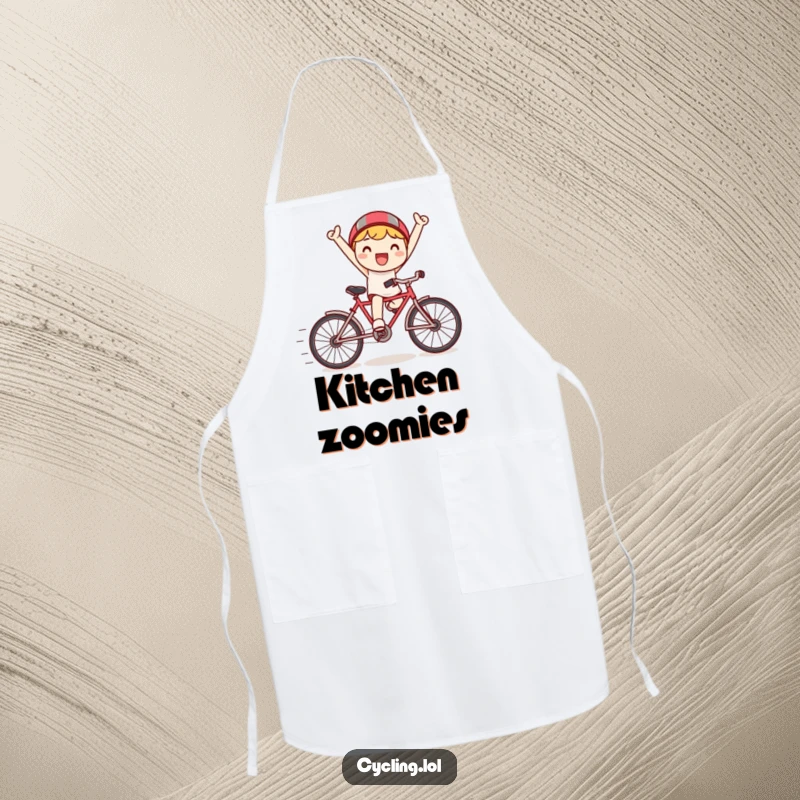 Funny apron featuring a happy Kawaii character triumphantly riding a tiny bicycle, speed lines emphasizing their speedy kitchen adventures.