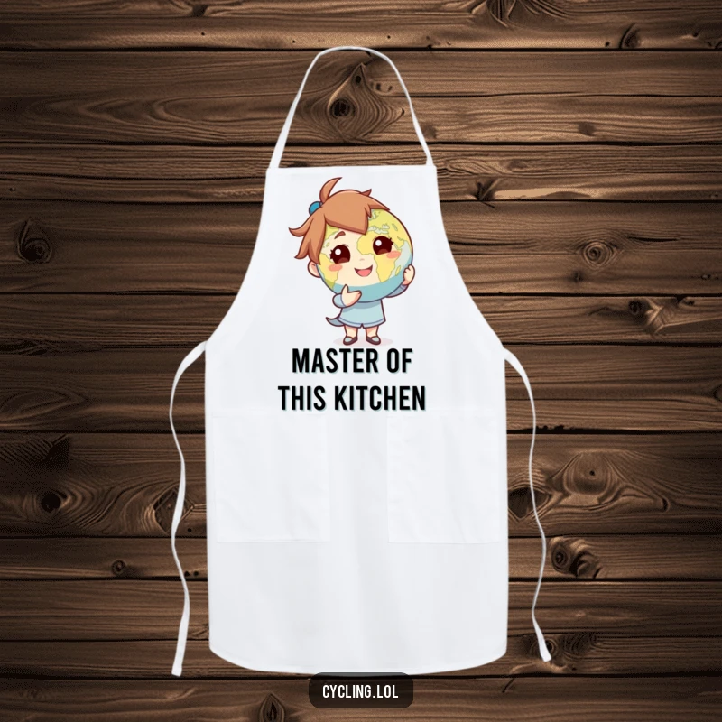 Funny apron featuring a character confidently presenting the Earth globe with a flourish, ideal for kitchen use with a humorous, commanding theme.