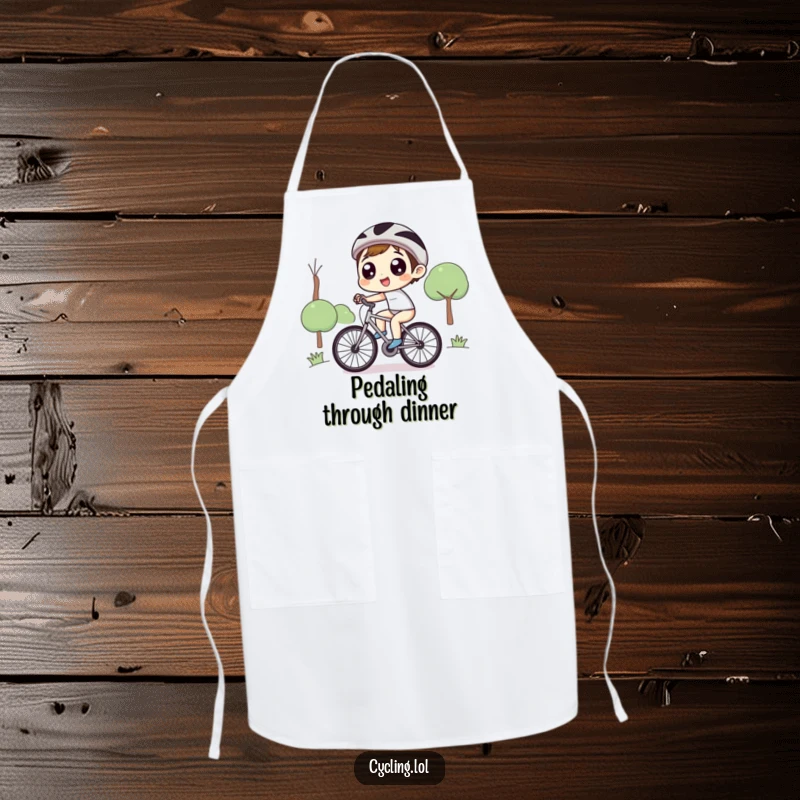 Funny apron of a character with eyes wide with delight, joyously pedaling a bicycle uphill, a humorous addition to kitchen attire.