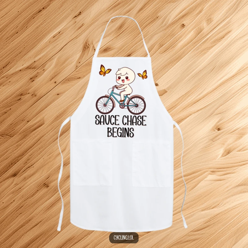 Funny apron featuring a delighted Kawaii character joyfully cycling after a butterfly, perfect for protecting clothes with a happy vibe.