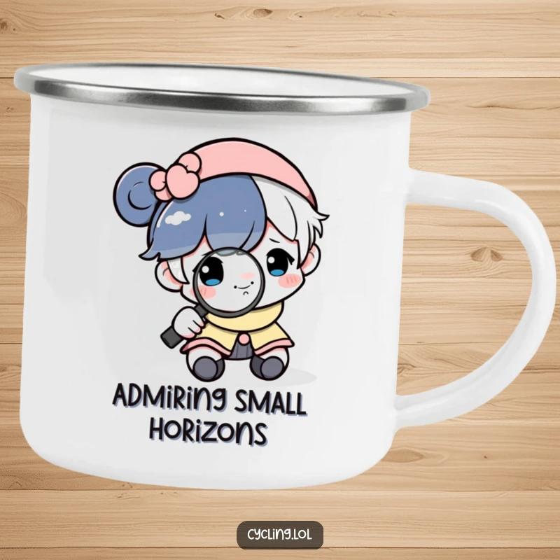 Funny camping mug depicting a character examining a smiling moon with a magnifying glass, ideal for outdoor exploration.