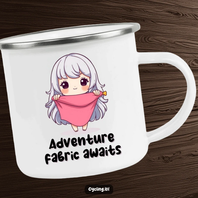 Funny Camping Mug: Seamstress character unrolling fabric, planning a grand, humorous design, perfect for outdoor adventures.