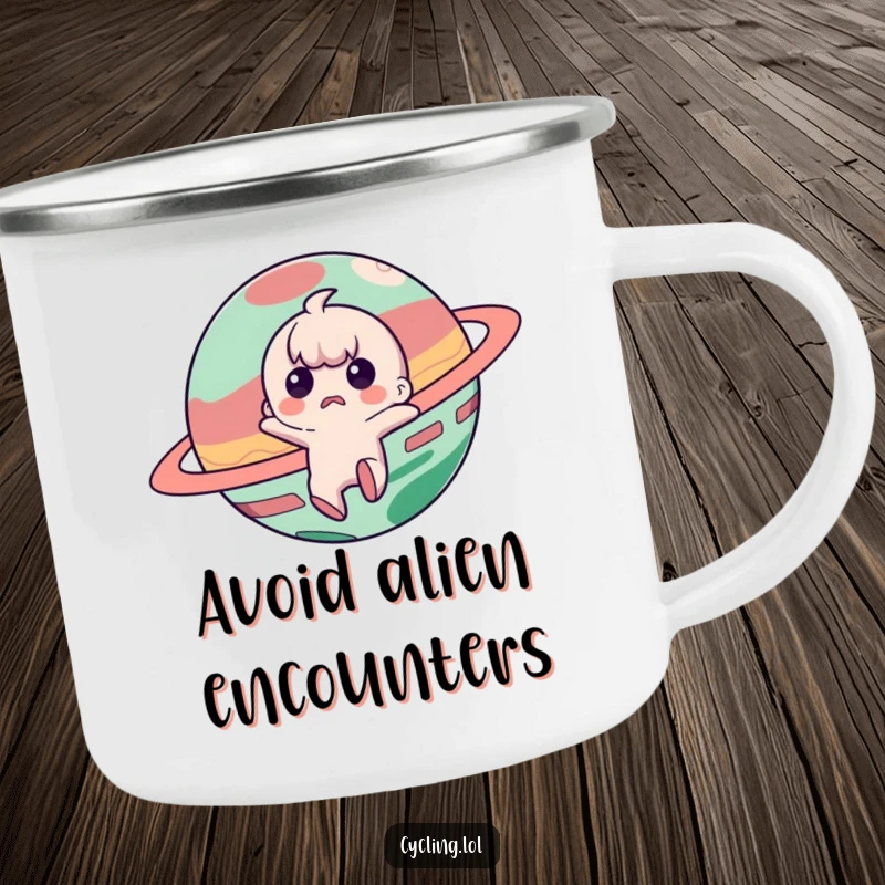 Funny camping mug depicting a startled character jumping away from a mischievous planet, perfect for outdoor fun.