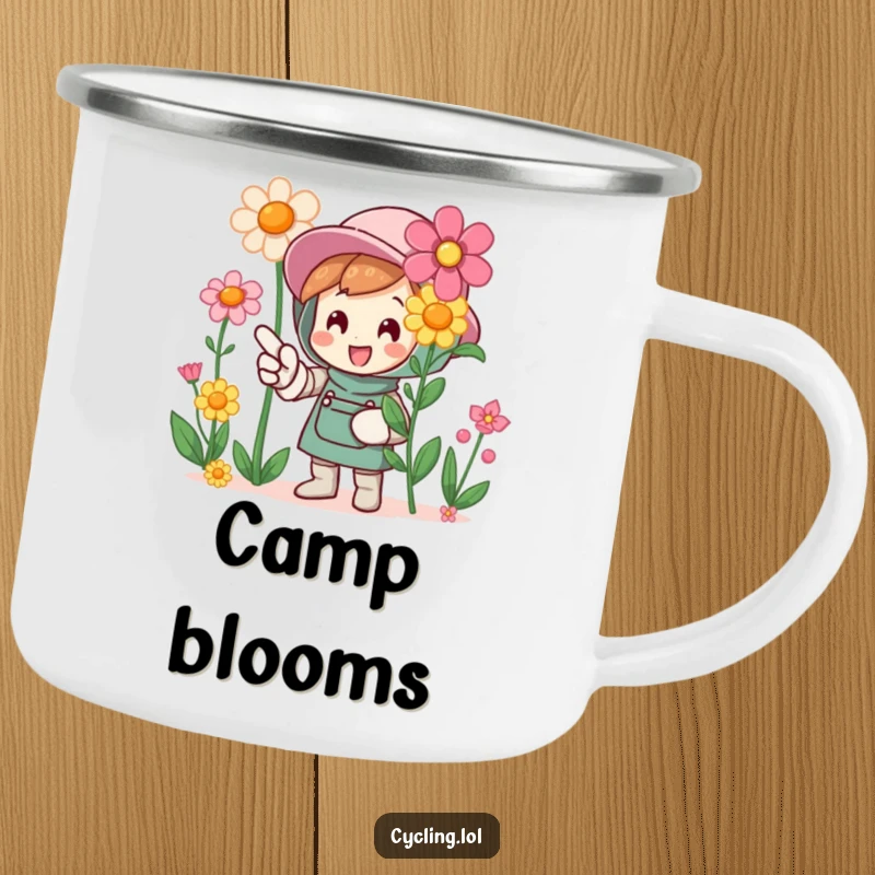 Funny camping mug featuring a character pointing at blooming flowers with enthusiasm, great for outdoor use and garden fans.