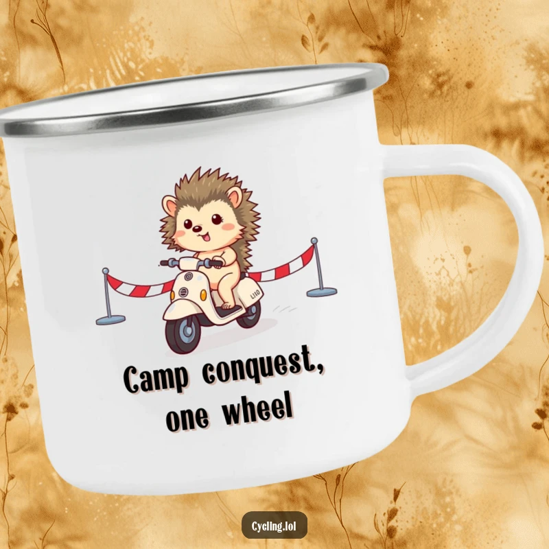 Funny camping mug featuring a small hedgehog triumphantly riding a scooter across a finish line, bringing humorous victory outdoors.