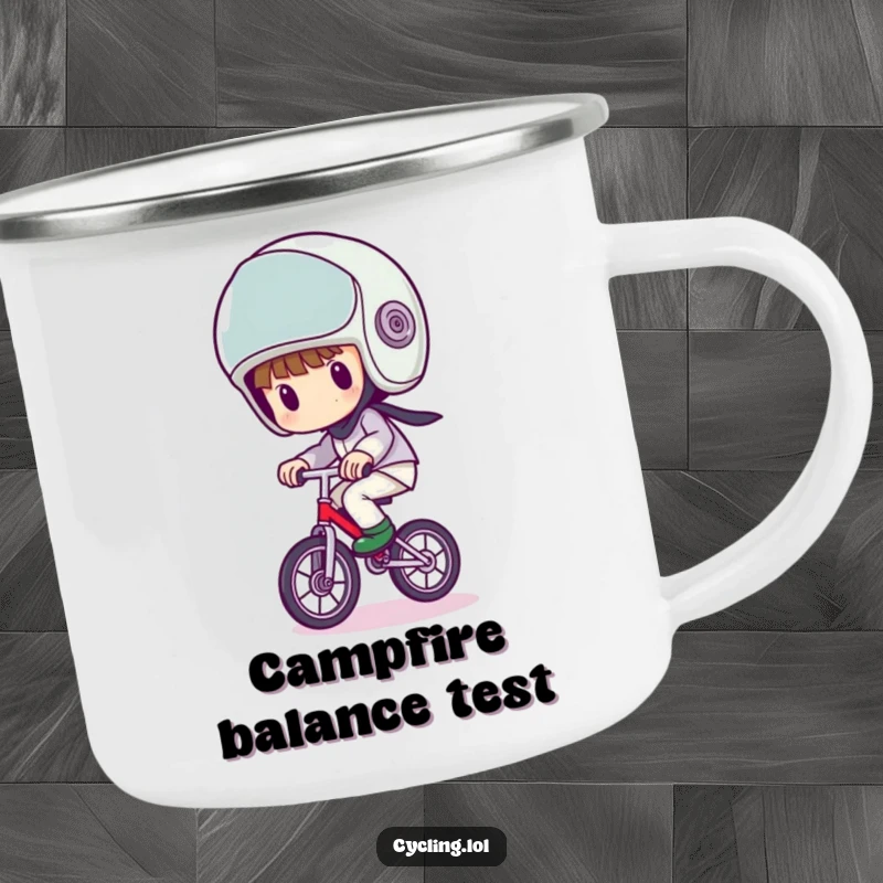Funny camping mug of a character with a comically large helmet, wobbling precariously on a unicycle, built for adventure.