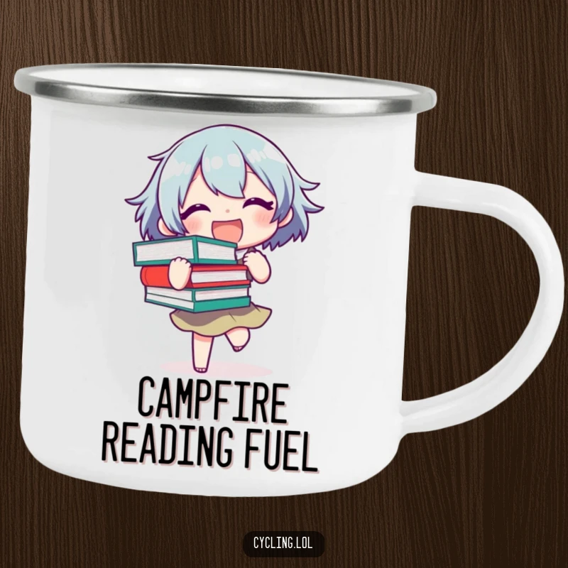 Funny Camping Mug featuring a joyful character precariously balancing a stack of books, perfect for outdoor reading and humor.