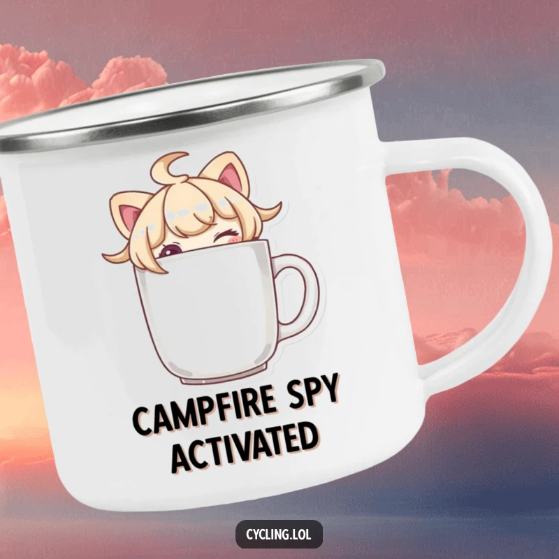 Funny character peeking over a mug brim with a wink on a camping mug, perfect for enjoying drinks outdoors with a playful touch.