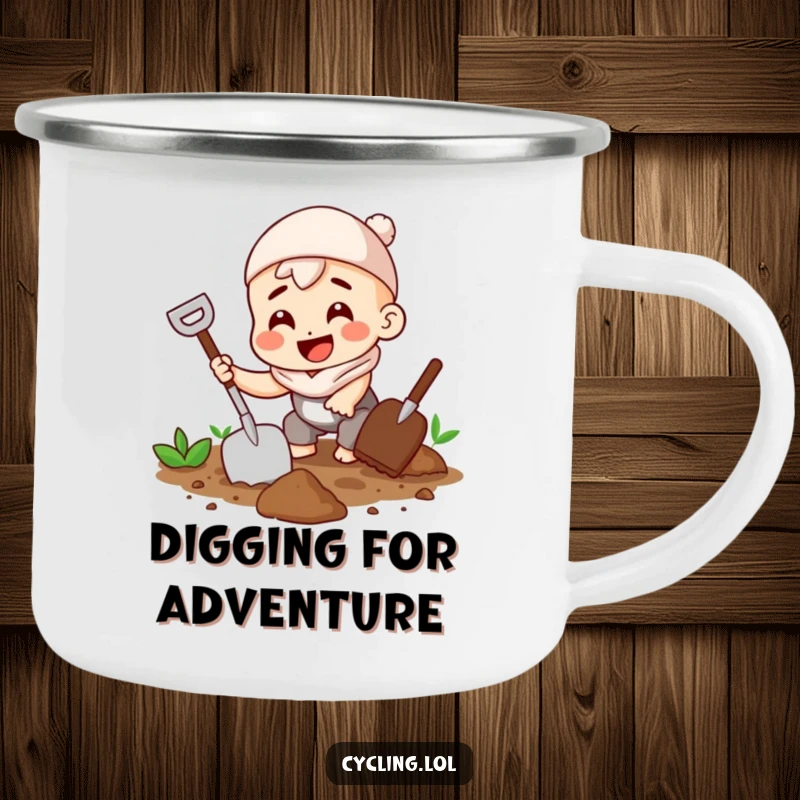 Funny camping mug featuring a character digging soil with a trowel and a wide grin, ready for outdoor adventures.