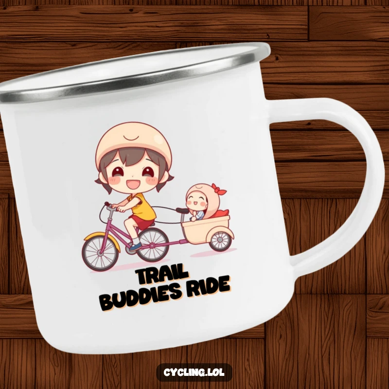 Funny bicycle camping mug with a beaming character happily cycling with a laughing passenger in a trailer.