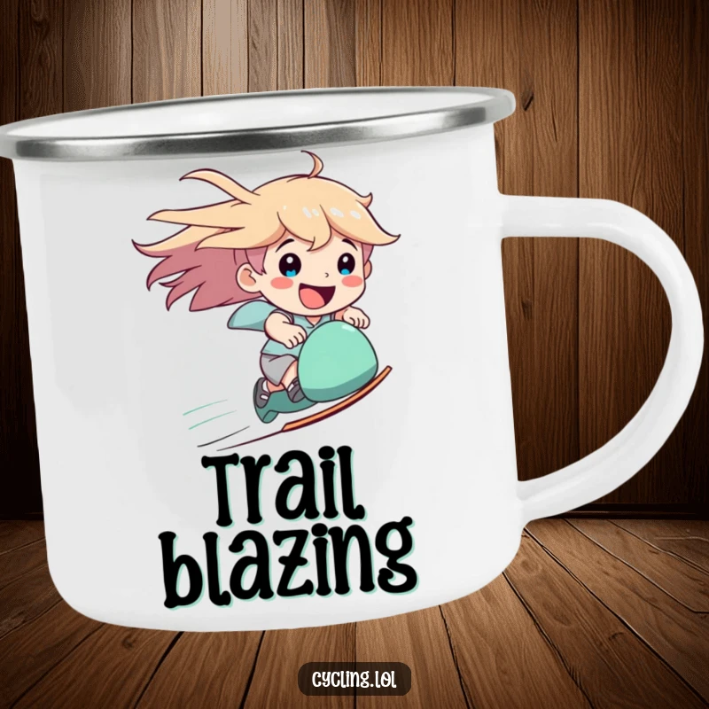 Funny speed camping mug with a character joyfully speeding downhill with windblown hair and a happy smile.
