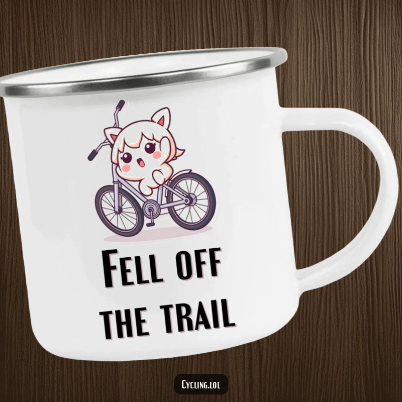 Funny camping mug featuring a surprised Kawaii character falling backward off a wobbly bicycle, ideal for outdoor enthusiasts who appreciate humor.