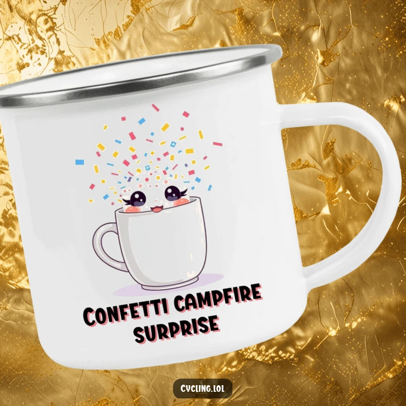 Funny enamel camping mug featuring a character with sparkling eyes bursting from a mug with confetti, perfect for rugged adventures and energetic sipping.