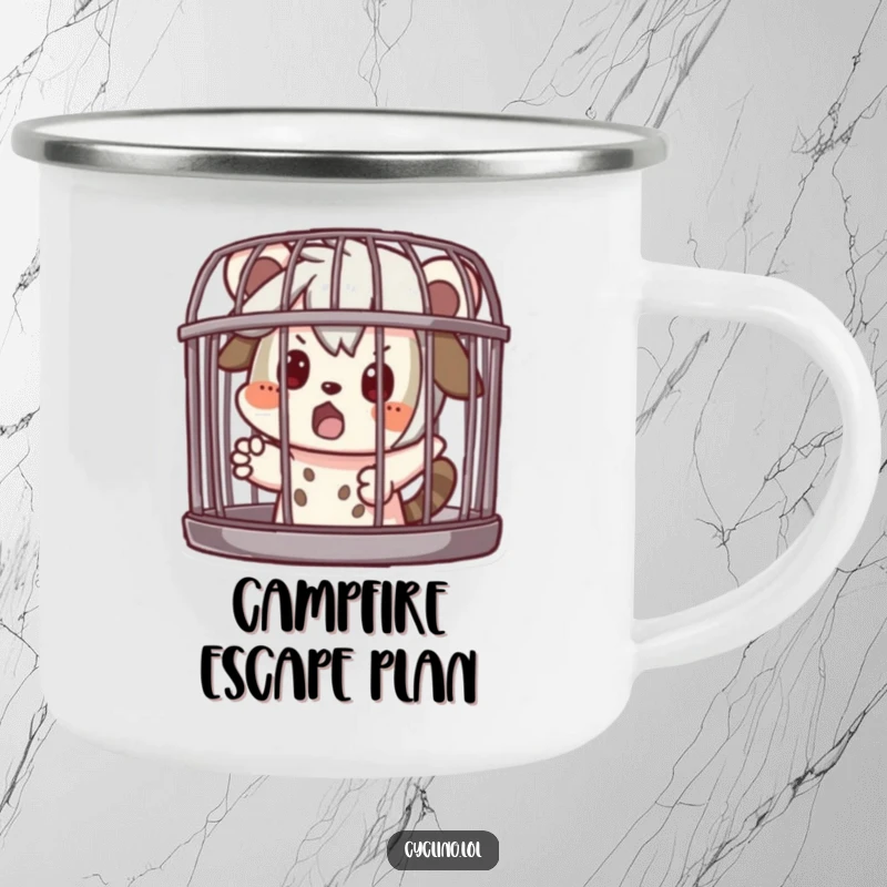 Funny Camping Mug: Character pretending to be caged with a surprised look, a humorous and durable gift for outdoor lovers who enjoy a good laugh.