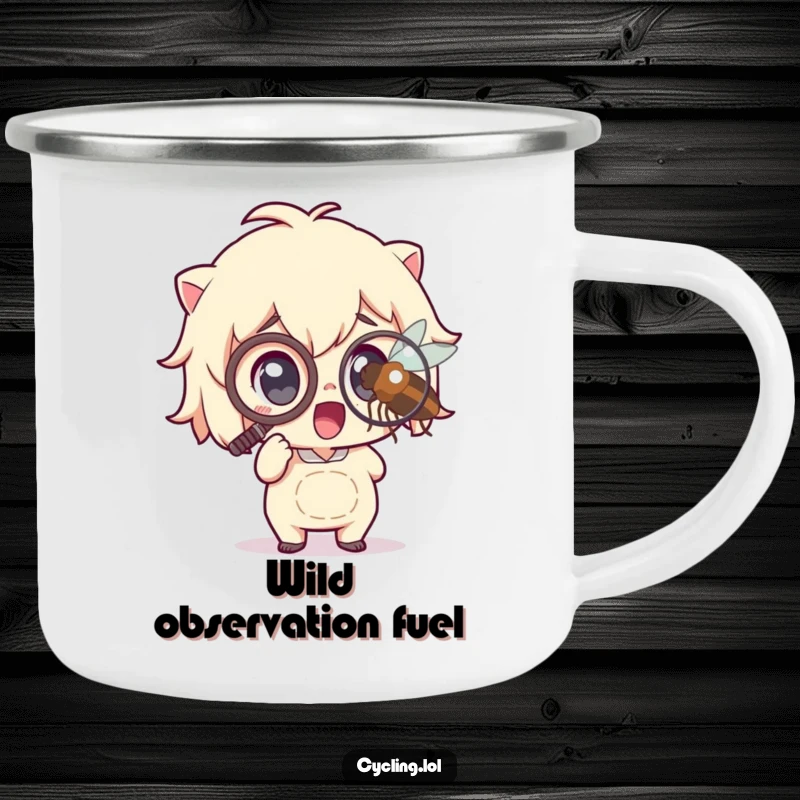 Funny Camping Mug: A character in a monocle examines magnified insect details, perfect for outdoor enthusiasts who appreciate humor and discovery on their adventures.