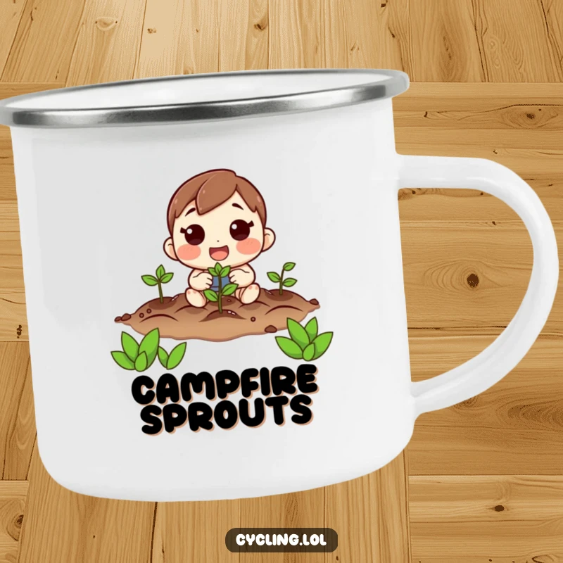 Funny camping mug featuring a character planting seeds with excitement, perfect for outdoor use and garden lovers.