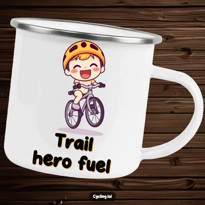 Funny Camping Mug: A cute kawaii character grins while performing a bicycle wheelie, ideal for adventurous outdoor moments.